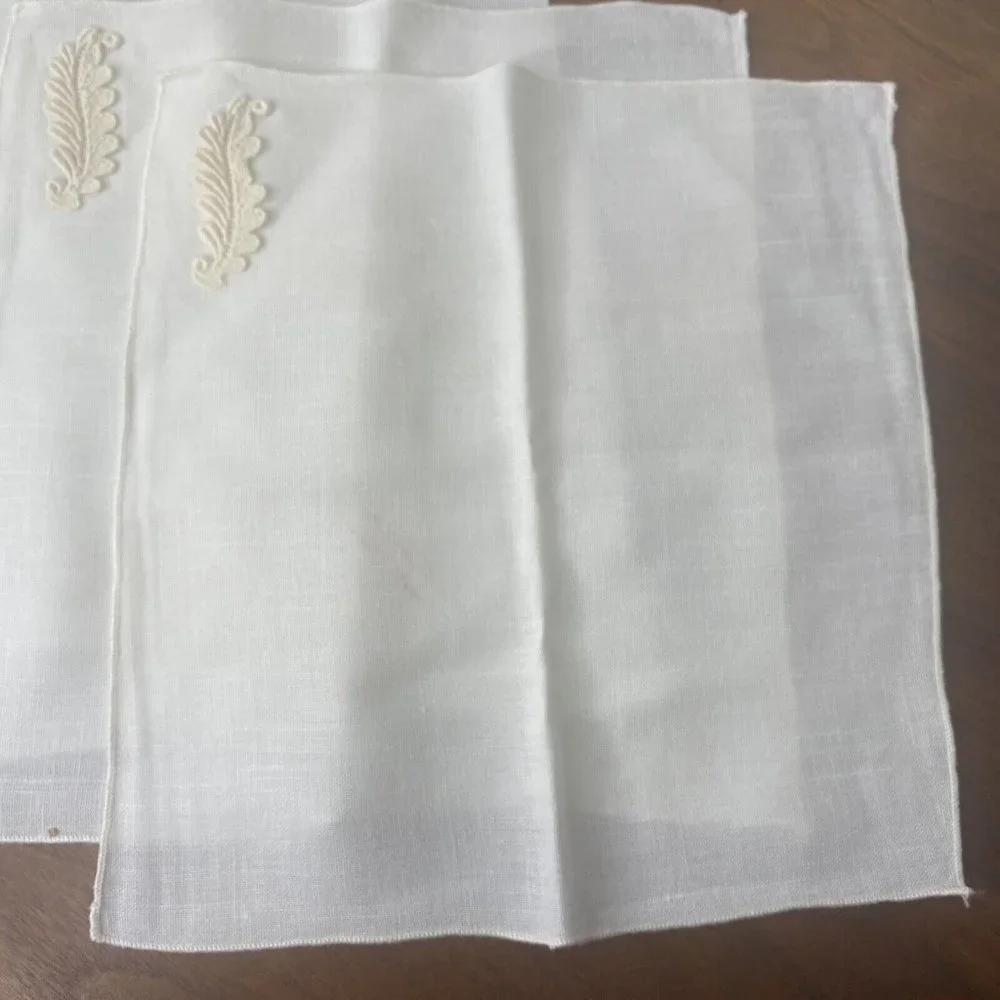 Vintage Ivory Cloth Napkins Linen Embroidered Leaf Applique Tea Towel Set 4